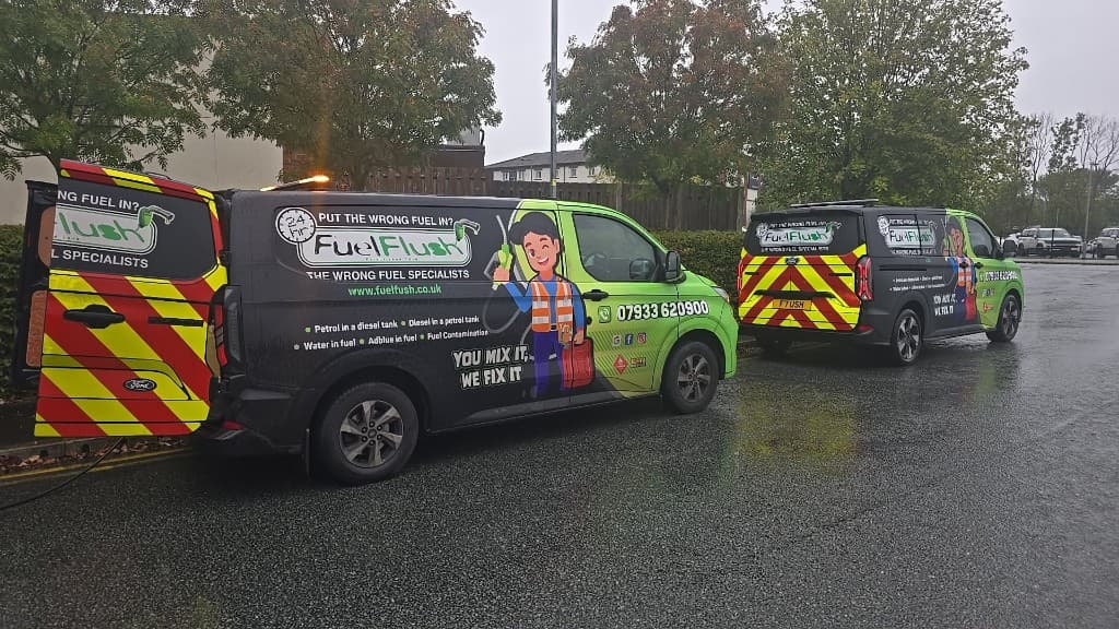 Fuel Flush emergency fuel drain van operating on the road